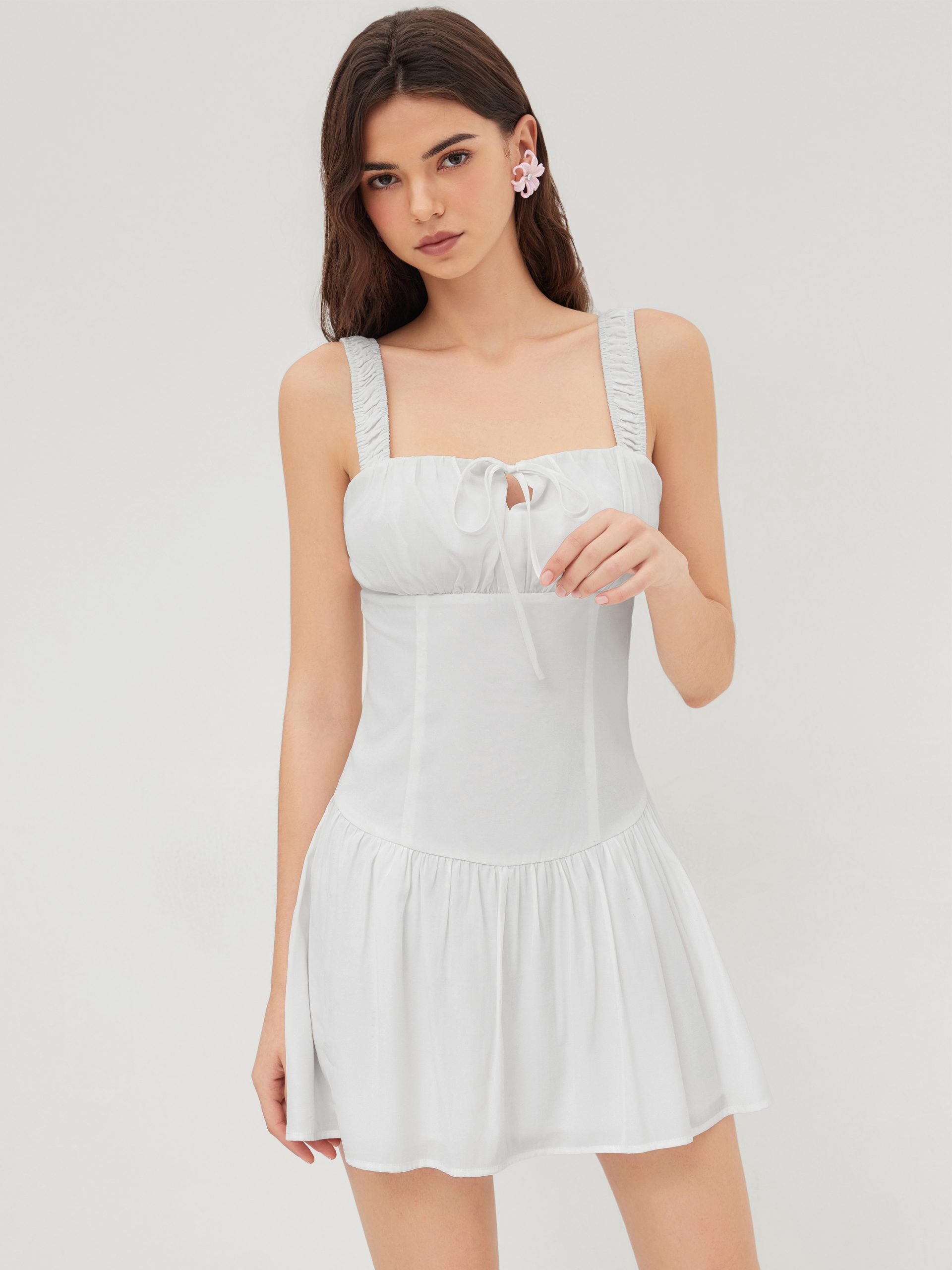 Square Neck Ruffle Knotted Ruched Straps Mini Dress