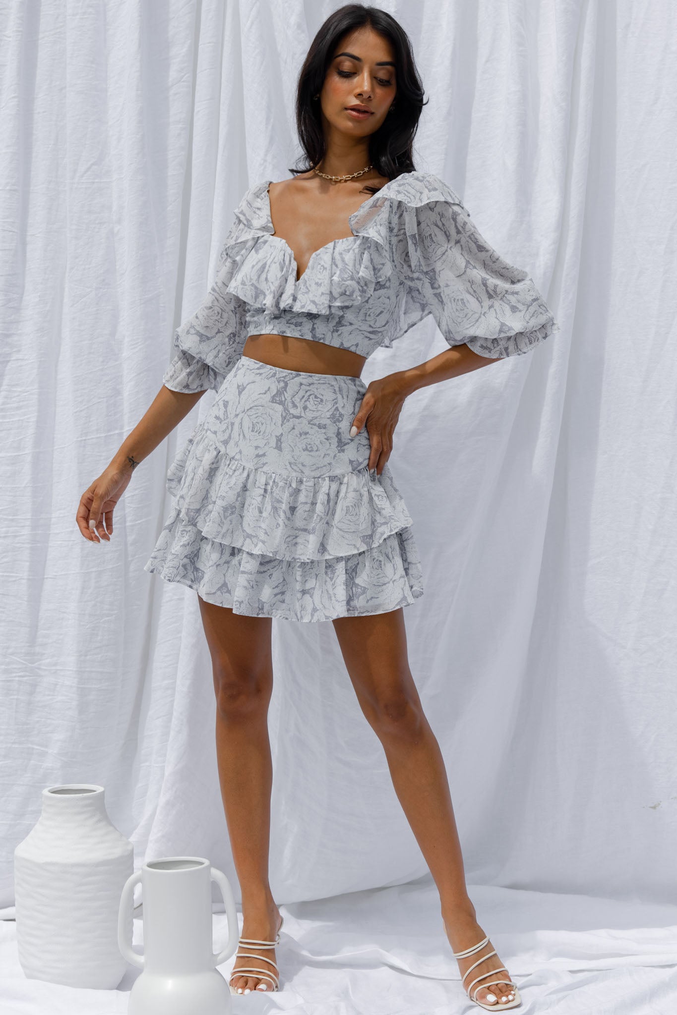 Kiss And Tell Double Layered Flounce Hem Skirt Rose Print Ink On Sale